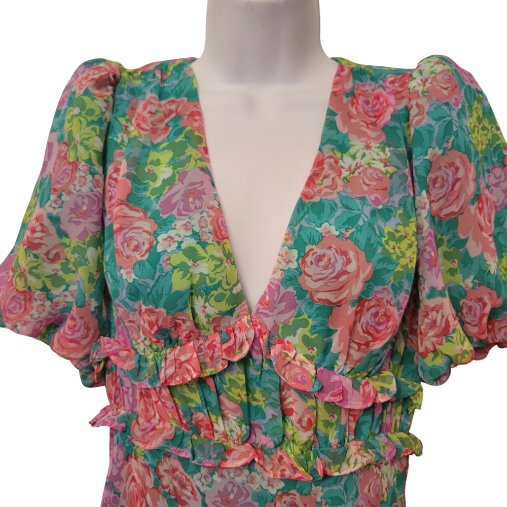 ASTR The Label M Maxi Dress Green Pink Floral Puff Sleeve ESPERANZA V Neck Fairy - Picture 5 of 10